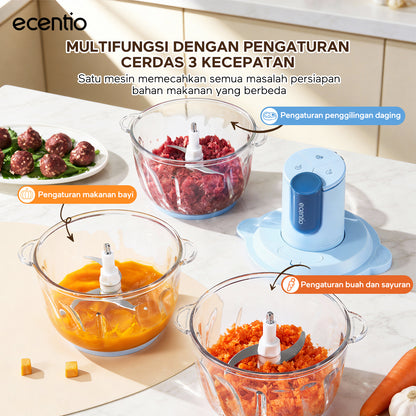 ecentio blender chopper penggiling daging kaca 6 pisau 3 kecepatan multifungsi untuk olahan daging, bumbu, sayuran, buah, es smoothie, dan makanan bayi di rumah tangga
