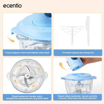 ecentio blender chopper penggiling daging kaca 6 pisau 3 kecepatan multifungsi untuk olahan daging, bumbu, sayuran, buah, es smoothie, dan makanan bayi di rumah tangga
