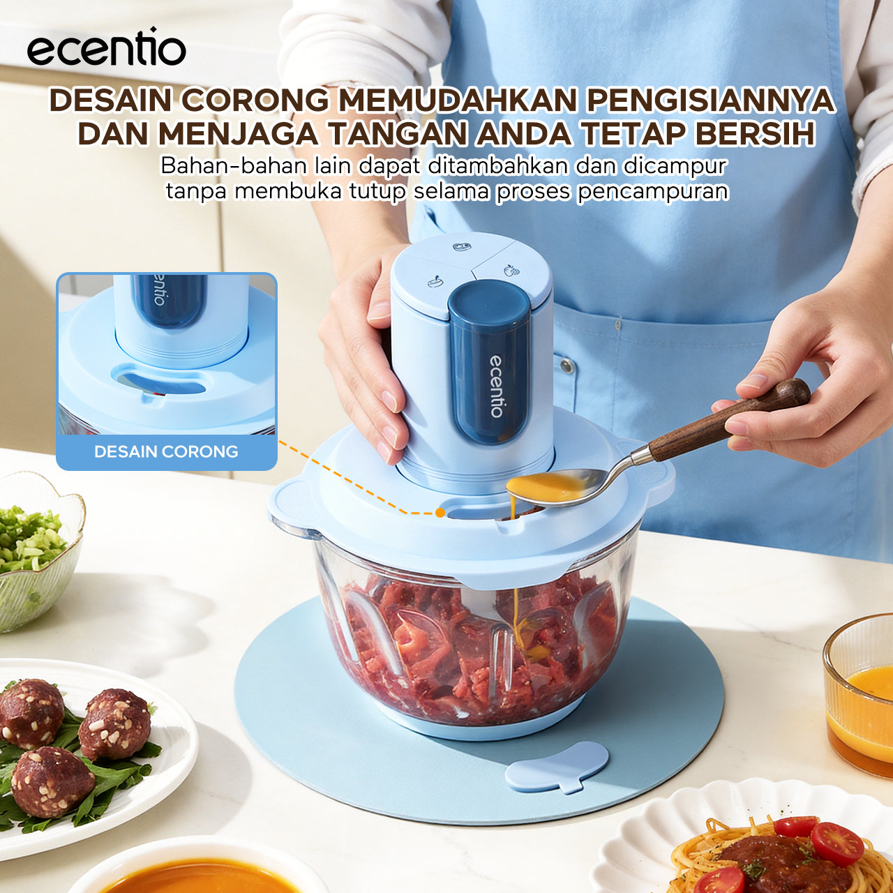 ecentio blender chopper penggiling daging kaca 6 pisau 3 kecepatan multifungsi untuk olahan daging, bumbu, sayuran, buah, es smoothie, dan makanan bayi di rumah tangga