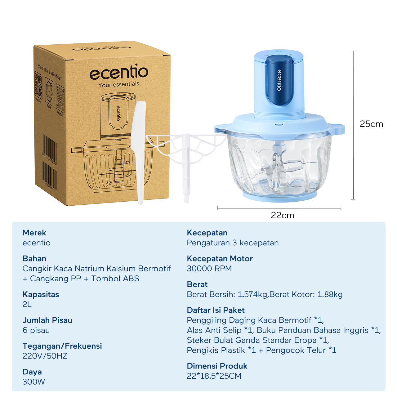 ecentio blender chopper penggiling daging kaca 6 pisau 3 kecepatan multifungsi untuk olahan daging, bumbu, sayuran, buah, es smoothie, dan makanan bayi di rumah tangga