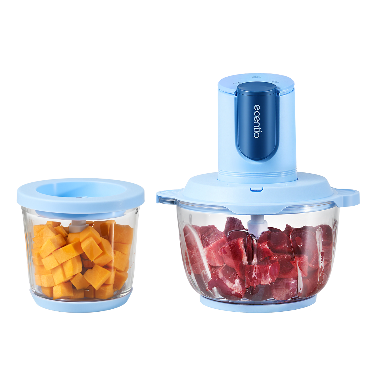 ecentio blender chopper penggiling daging cangkir ibu dan anak baja tahan karat 304 operasi stabil tenang dua wadah cegah kontaminasi silang 2L daging 700ml makanan bayi untuk dapur harian