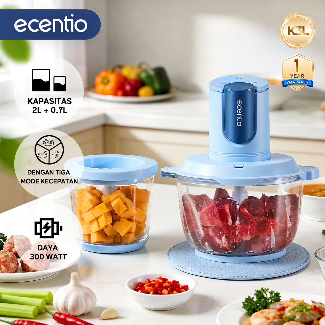 ecentio blender chopper penggiling daging cangkir ibu dan anak baja tahan karat 304 operasi stabil tenang dua wadah cegah kontaminasi silang 2L daging 700ml makanan bayi untuk dapur harian