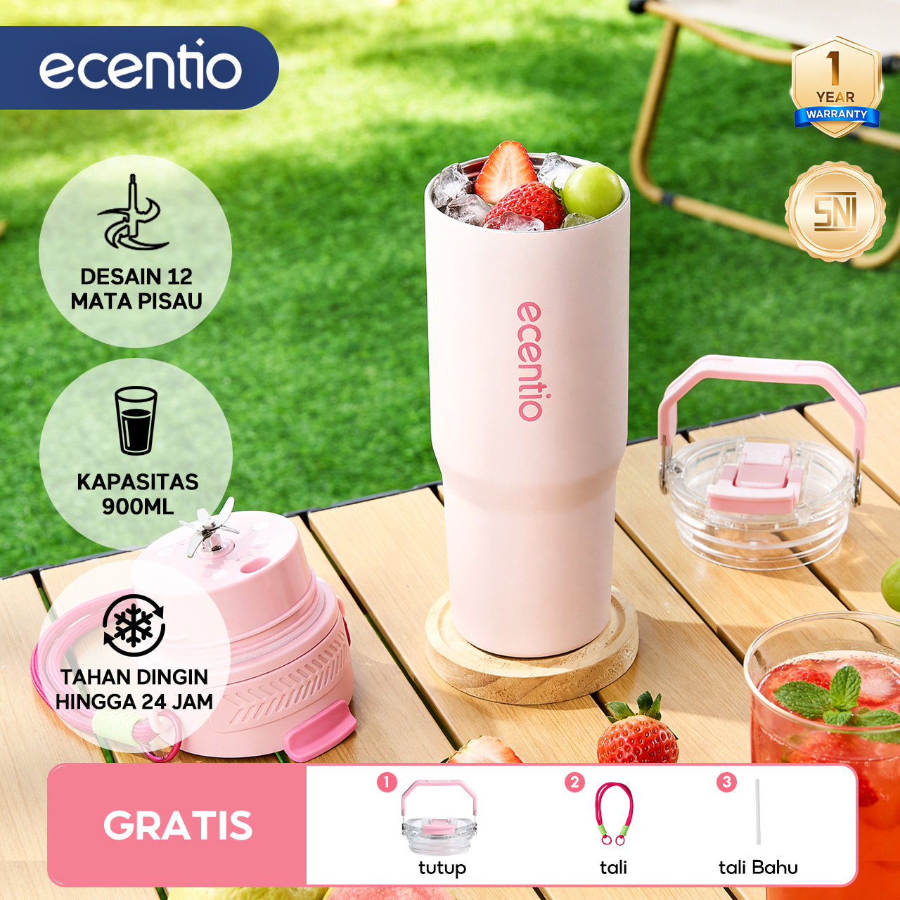 ecentio Portable Blender Juicer 900ml 12 Pisau 60W Baterai 2x1500mAh Tahan Panas 14 Jam & Dingin 24 Jam Anti Bocor Praktis Untuk,blender jus buah Outdoor
