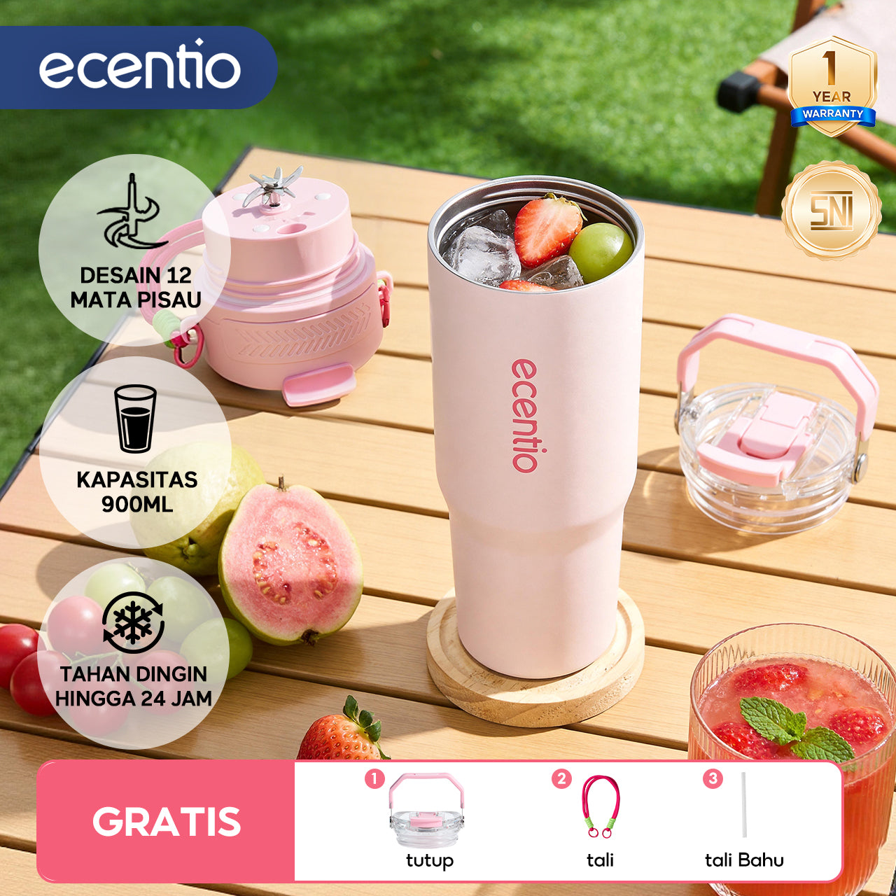 ecentio Portable Blender Juicer 900ml 12 Pisau 60W Baterai 2x1500mAh Tahan Panas 14 Jam & Dingin 24 Jam Anti Bocor Praktis Untuk,blender jus buah Outdoor
