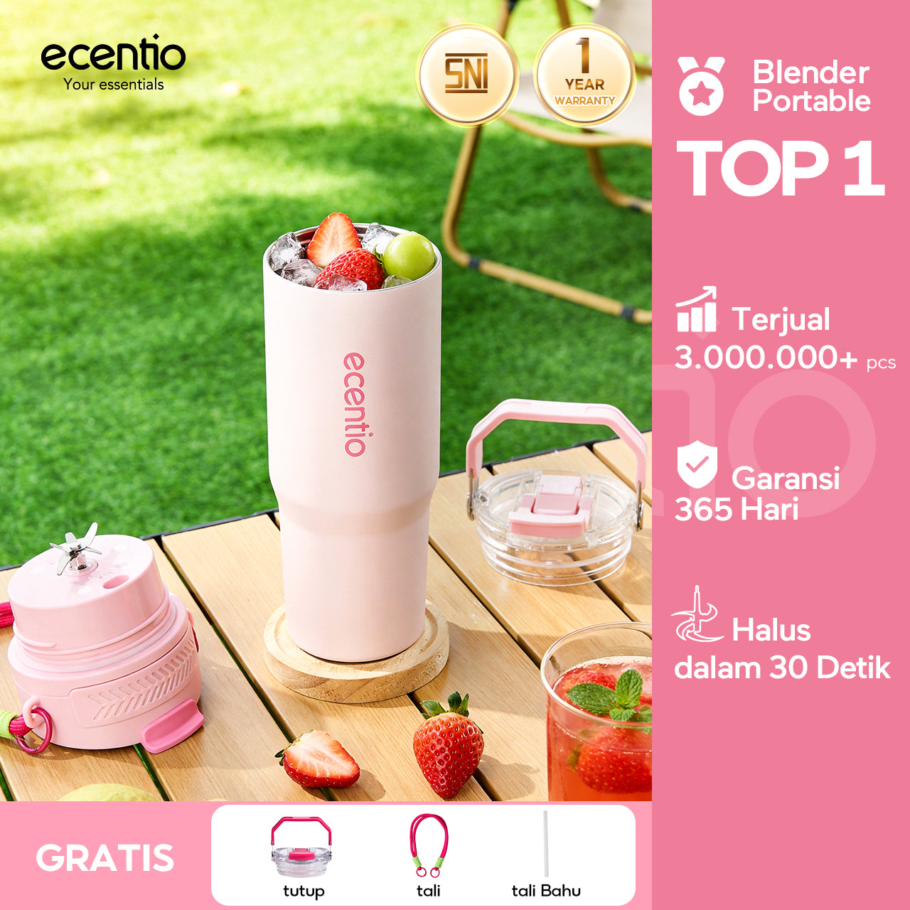 ecentio Portable Blender Juicer 900ml 12 Pisau 60W Baterai 2x1500mAh Tahan Panas 14 Jam & Dingin 24 Jam Anti Bocor Praktis Untuk,blender jus buah Outdoor