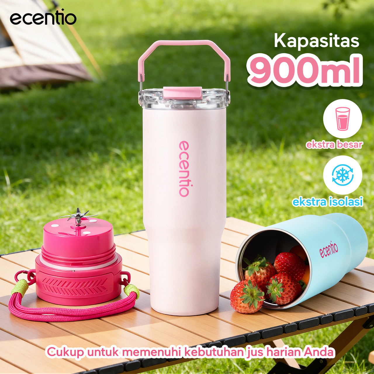 ecentio Portable Blender Juicer 900ml 12 Pisau 60W Baterai 2x1500mAh Tahan Panas 14 Jam & Dingin 24 Jam Anti Bocor Praktis Untuk,blender jus buah Outdoor