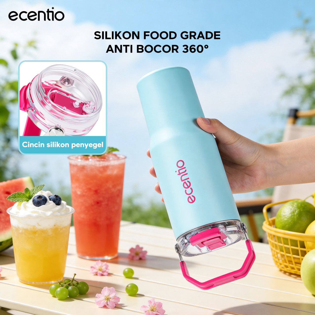 ecentio Portable Blender Juicer 900ml 12 Pisau 60W Baterai 2x1500mAh Tahan Panas 14 Jam & Dingin 24 Jam Anti Bocor Praktis Untuk,blender jus buah Outdoor