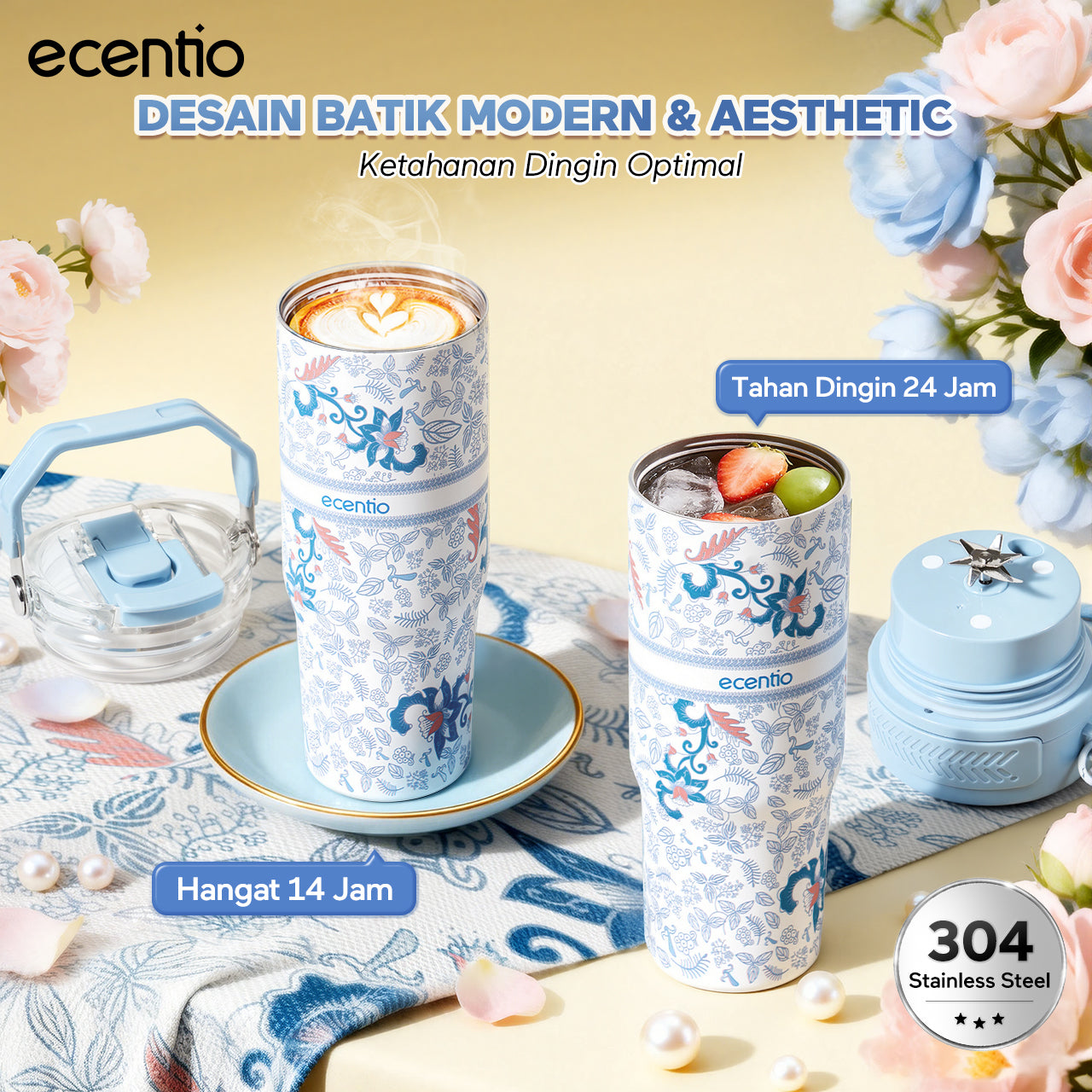 ecentio Portable Blender Juicer 900ml 12 Pisau 60W Baterai 2x1500mAh Tahan Panas 14 Jam & Dingin 24 Jam Anti Bocor Praktis Untuk,blender jus buah Outdoor