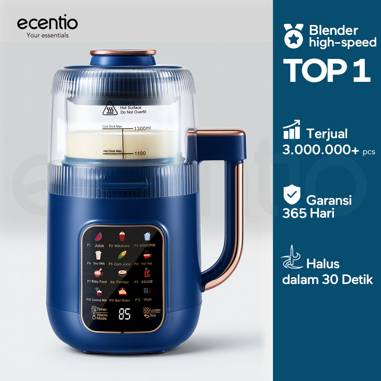 ecentio Chopper Blender Kaca 1.3L Quiet Heating 600W 9 Kecepatan 22000RPM Touch Control Anti Kering Aman Biru Cocok Untuk Rumah Tangga, Bubur Bayi, Sup, Jus & Smoothie,blender machine & blender bottle