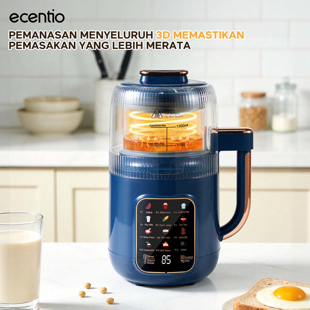 ecentio blender multifungsi blender pemanas 1300ml kaca food grade, 12 mode 22000rpm senyap low noise untuk dapur rumah tangga, blender jus buah slow juicer dengan fungsi dry mill penggiling bumbu