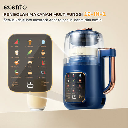 ecentio blender multifungsi blender pemanas 1300ml kaca food grade, 12 mode 22000rpm senyap low noise untuk dapur rumah tangga, blender jus buah slow juicer dengan fungsi dry mill penggiling bumbu