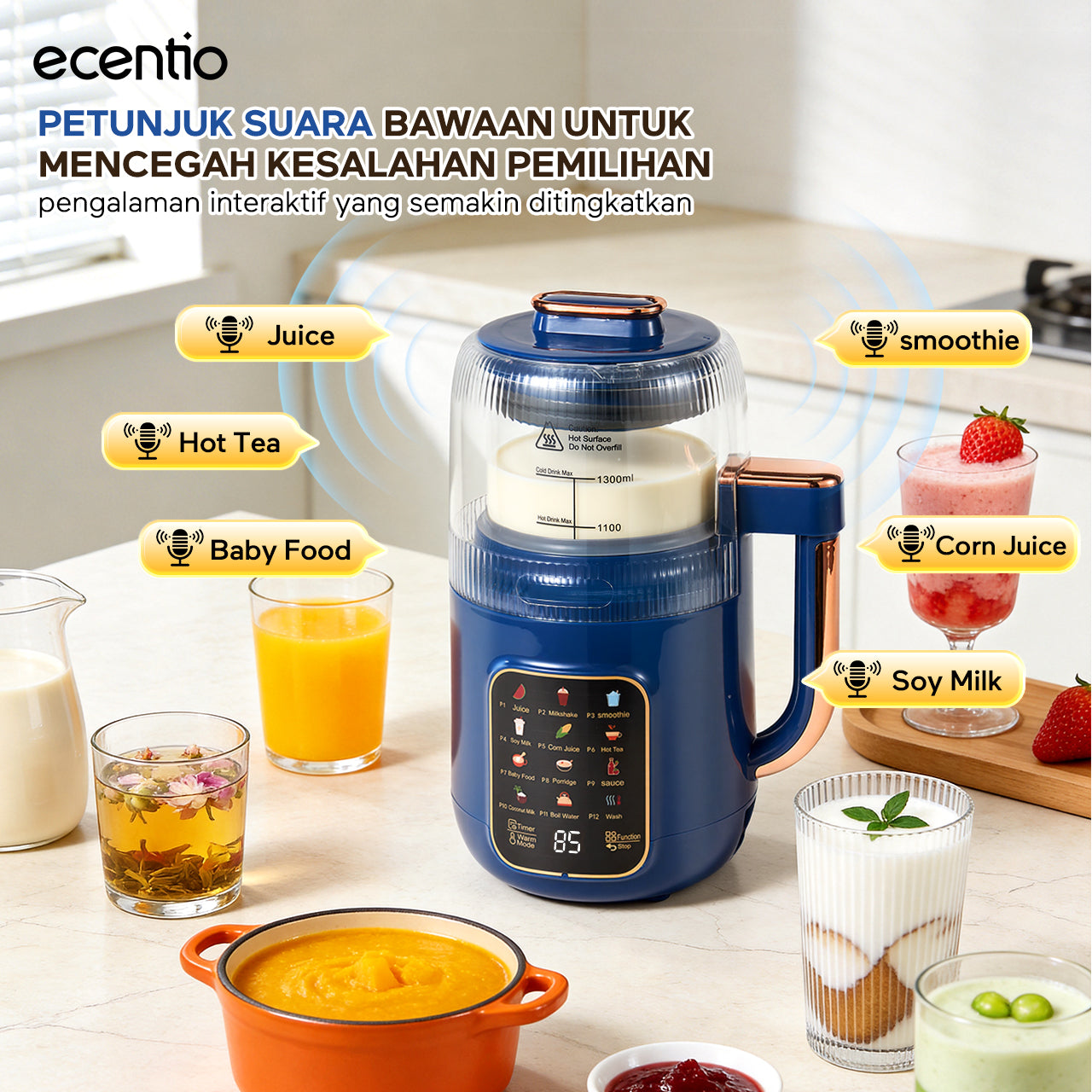 ecentio blender multifungsi blender pemanas 1300ml kaca food grade, 12 mode 22000rpm senyap low noise untuk dapur rumah tangga, blender jus buah slow juicer dengan fungsi dry mill penggiling bumbu