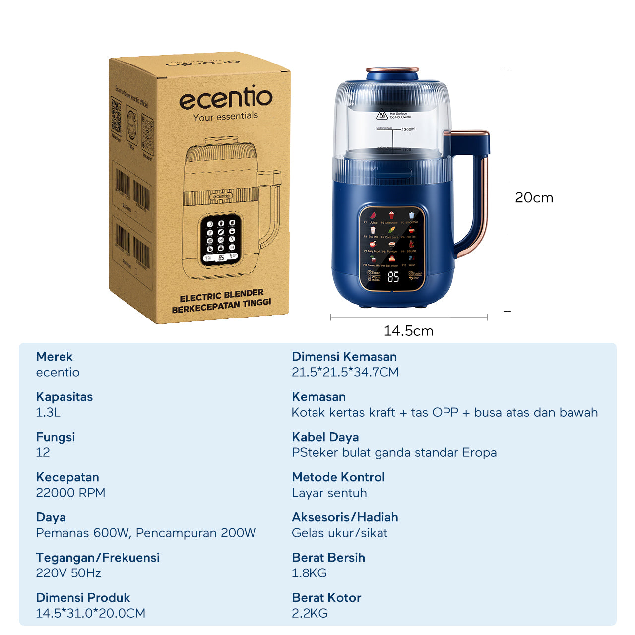 ecentio Chopper Blender Kaca 1.3L Quiet Heating 600W 9 Kecepatan 22000RPM Touch Control Anti Kering Aman Biru Cocok Untuk Rumah Tangga, Bubur Bayi, Sup, Jus & Smoothie,blender machine & blender bottle