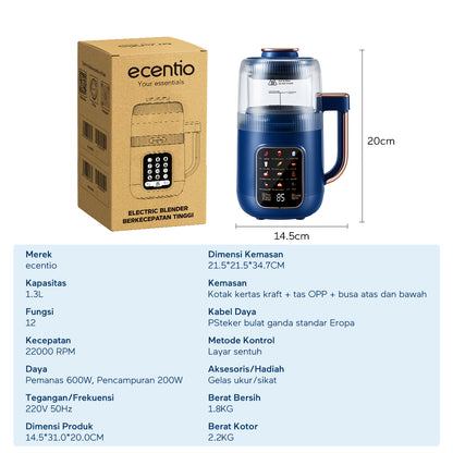 ecentio Chopper Blender Kaca 1.3L Quiet Heating 600W 9 Kecepatan 22000RPM Touch Control Anti Kering Aman Biru Cocok Untuk Rumah Tangga, Bubur Bayi, Sup, Jus & Smoothie,blender machine & blender bottle