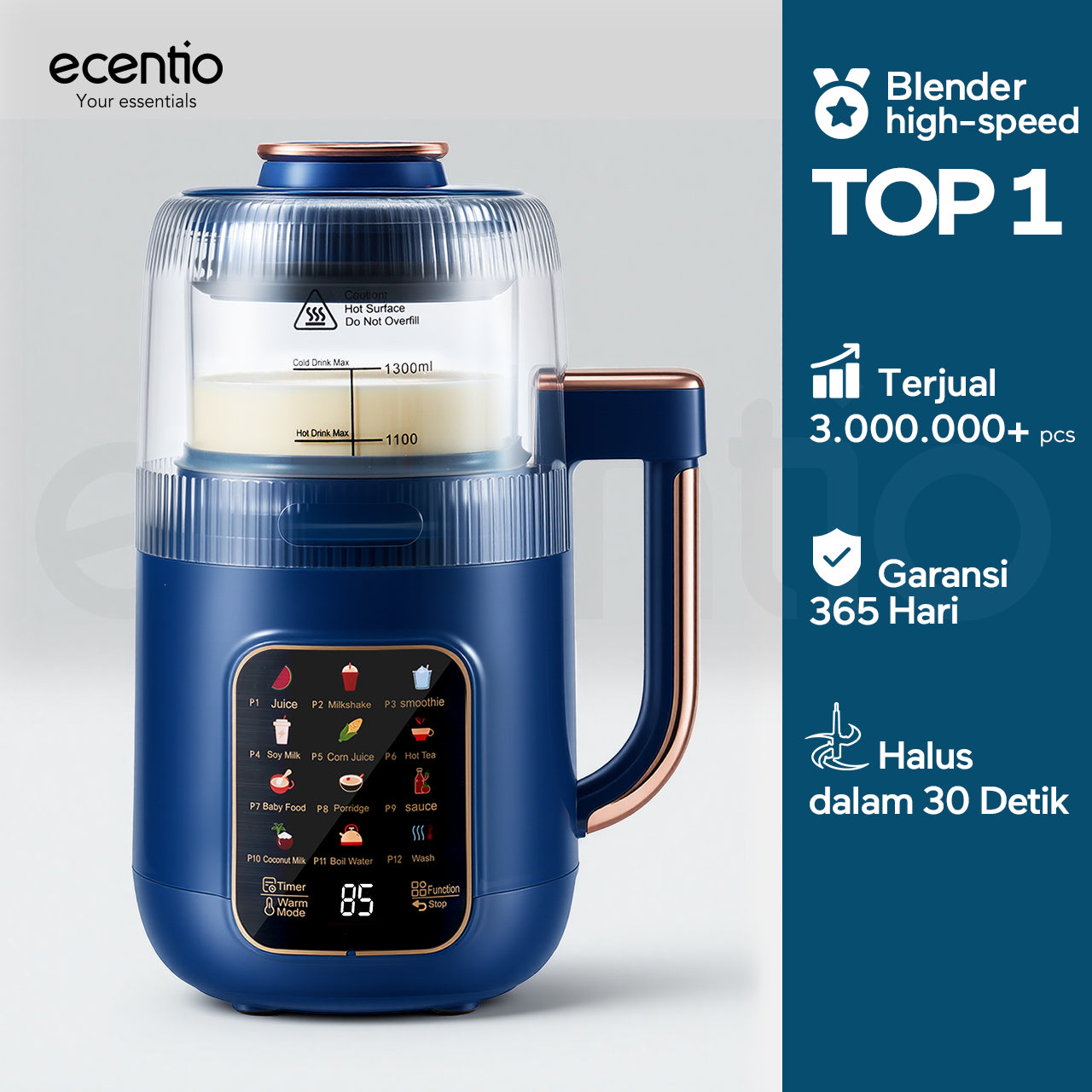 ecentio blender multifungsi blender pemanas 1300ml kaca food grade, 12 mode 22000rpm senyap low noise untuk dapur rumah tangga, blender jus buah slow juicer dengan fungsi dry mill penggiling bumbu