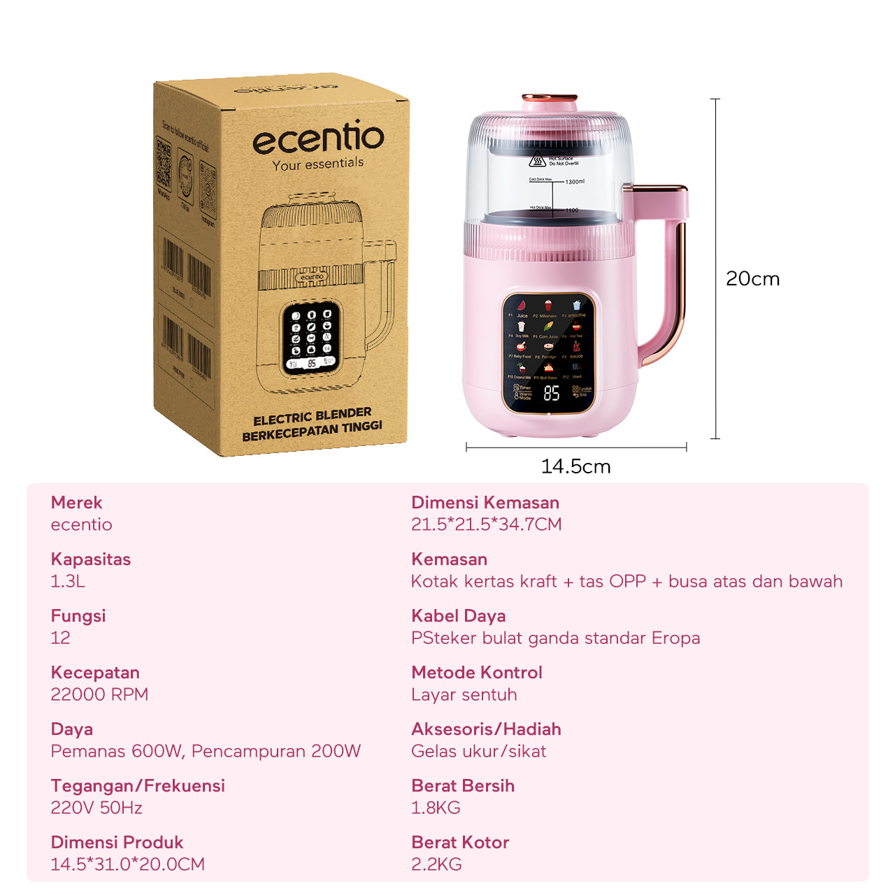 ecentio Chopper Blender Kaca 1.3L Quiet Heating 600W 9 Kecepatan 22000RPM Touch Control Anti Kering Aman Biru Cocok Untuk Rumah Tangga, Bubur Bayi, Sup, Jus & Smoothie,blender machine & blender bottle