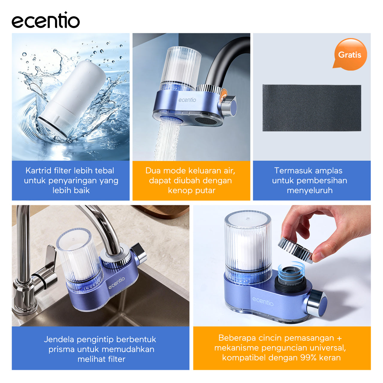 [Minum Sehat]ecentio Filter Air Keran Rumah Tangga Aman Untuk Keluarga Bayi & Anak 0.2-5 Mikron Mewah Debit Air Deras, Praktis Mudah Dibersihkan, Filter Pemurni Air Anti Kerak Dapur & Kamar Mandi