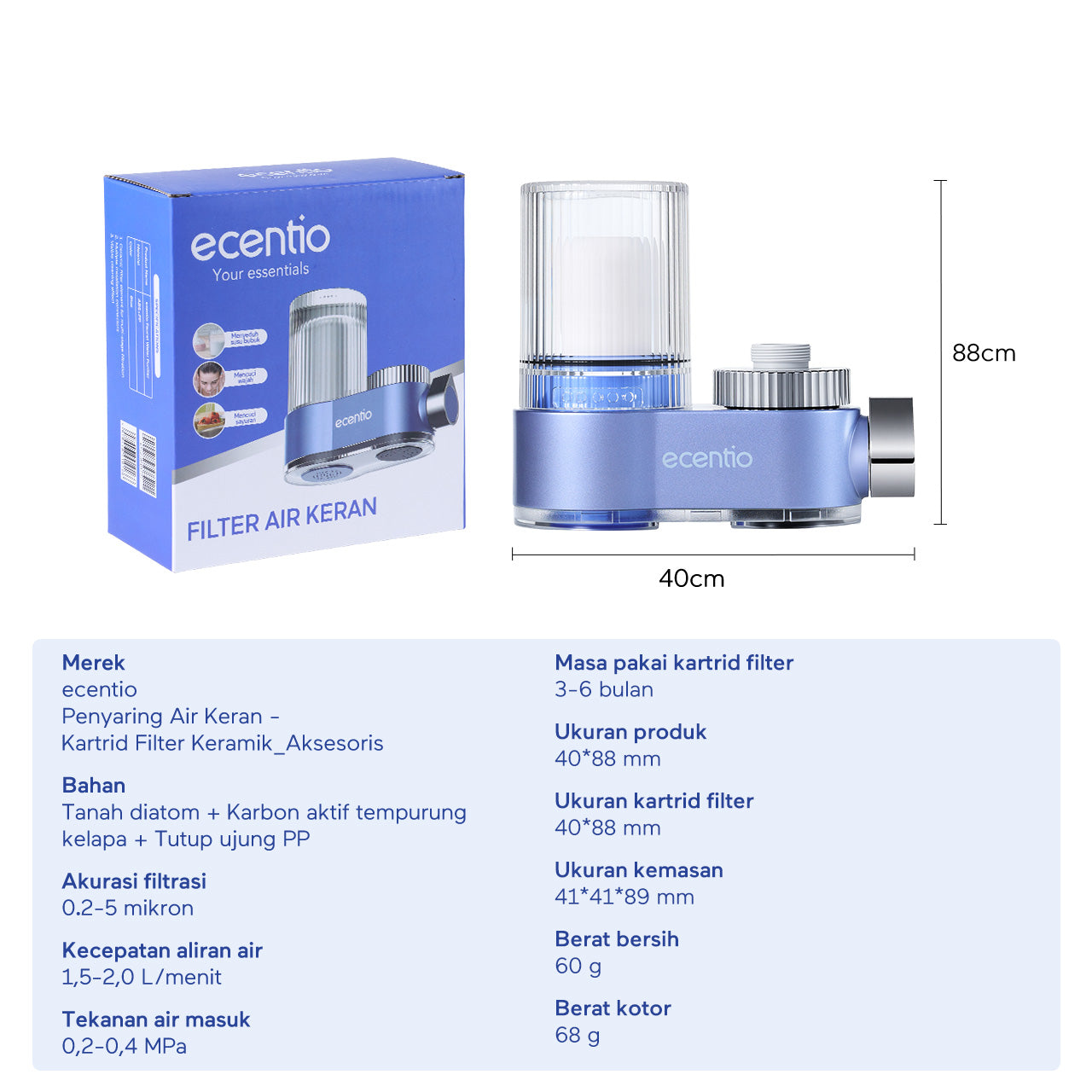 ecentio Filter Keran Air Pembersih Air Keran 0.2-5 Mikron ABS+PC Multi Filter Mudah Dipasang Untuk Rumah Tangga Biru,filter air keran penjernih air