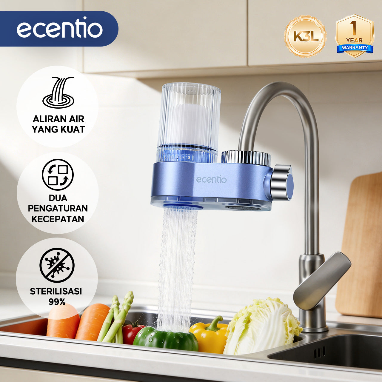 ecentio Filter Keran Air Pembersih Air Keran 0.2-5 Mikron ABS+PC Multi Filter Mudah Dipasang Untuk Rumah Tangga Biru,filter air keran penjernih air