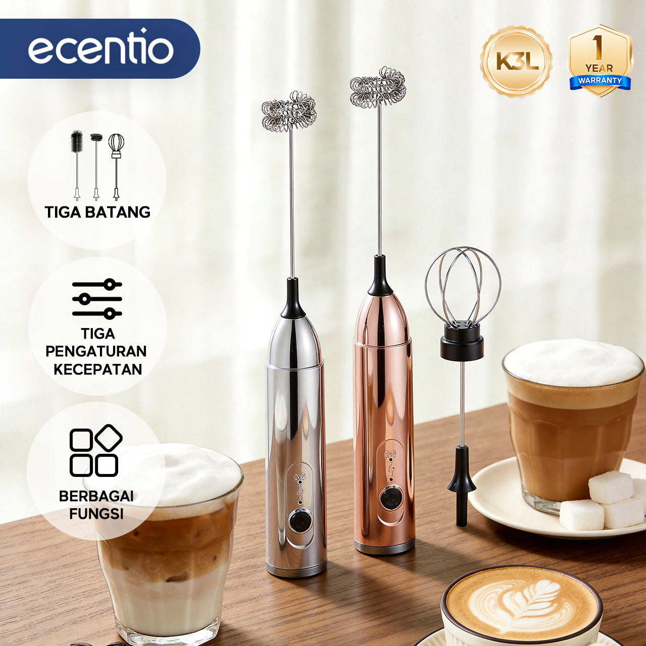 ecentio Pengocok Elektrik Genggam Busa Susu Cepat Material Stainless Steel Food Grade Baterai AA Daya Tahan Lama Aduk Merata untuk Kopi Teh