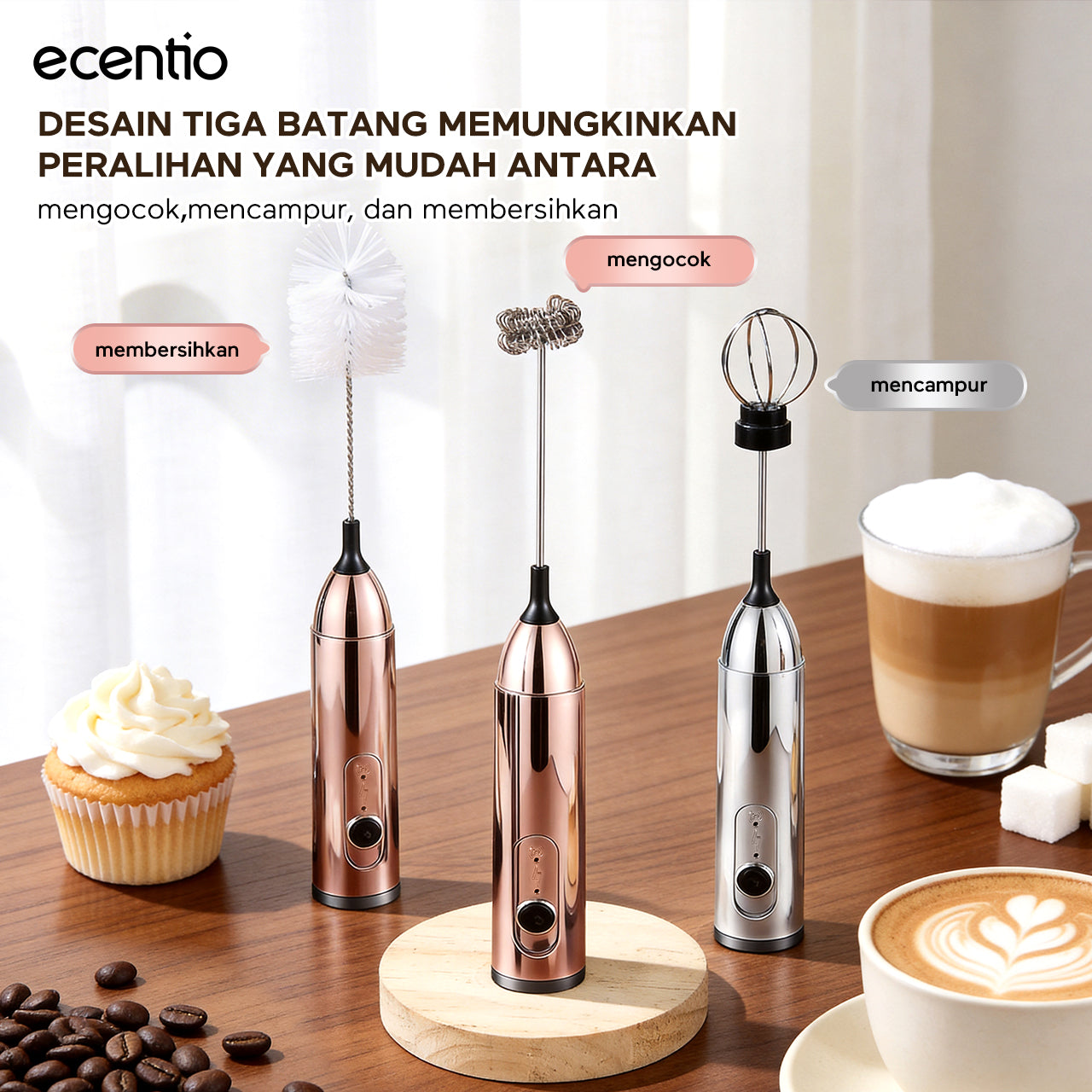 ecentio Pengocok Elektrik Genggam Busa Susu Cepat Material Stainless Steel Food Grade Baterai AA Daya Tahan Lama Aduk Merata untuk Kopi Teh