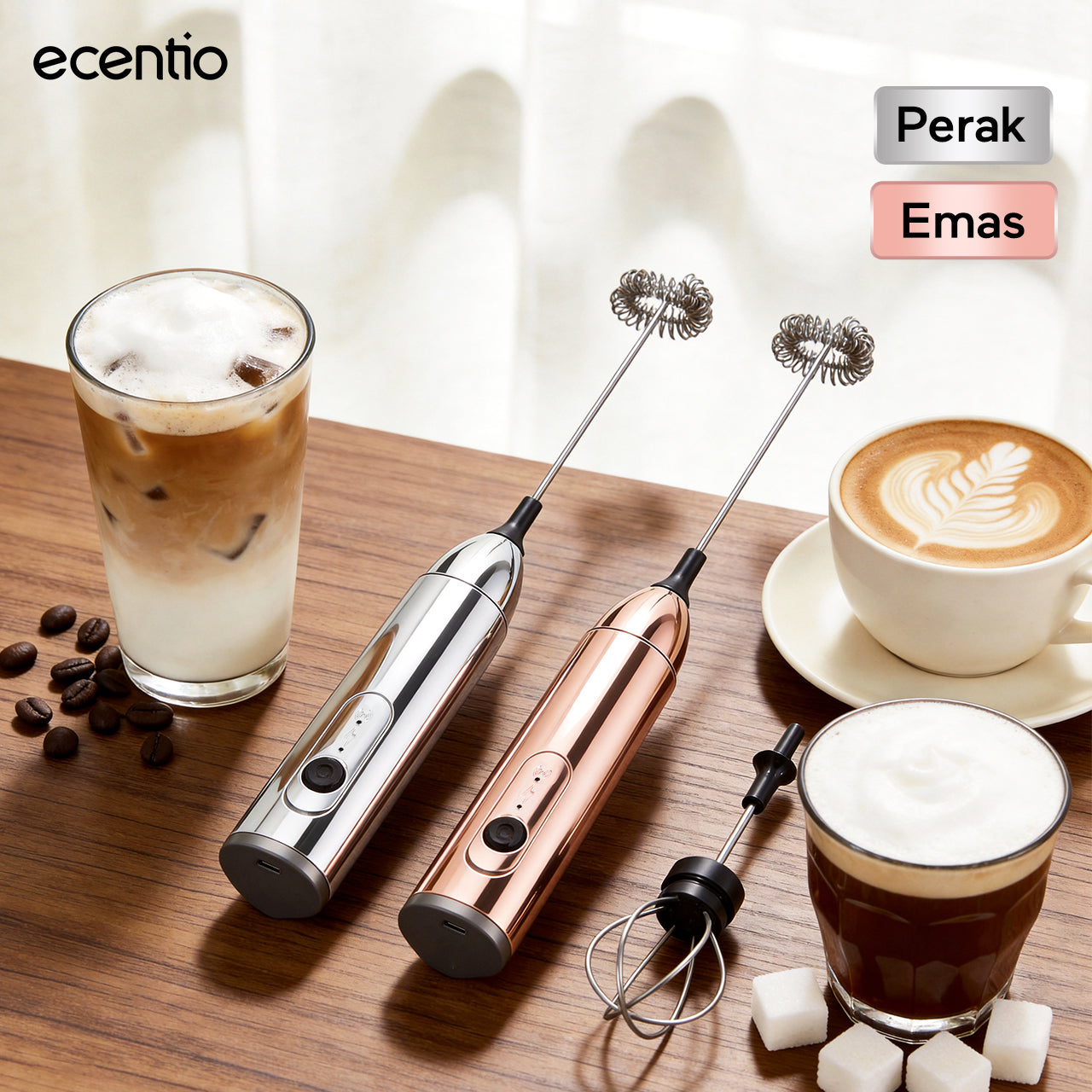 ecentio Pengocok Elektrik Genggam Busa Susu Cepat Material Stainless Steel Food Grade Baterai AA Daya Tahan Lama Aduk Merata untuk Kopi Teh