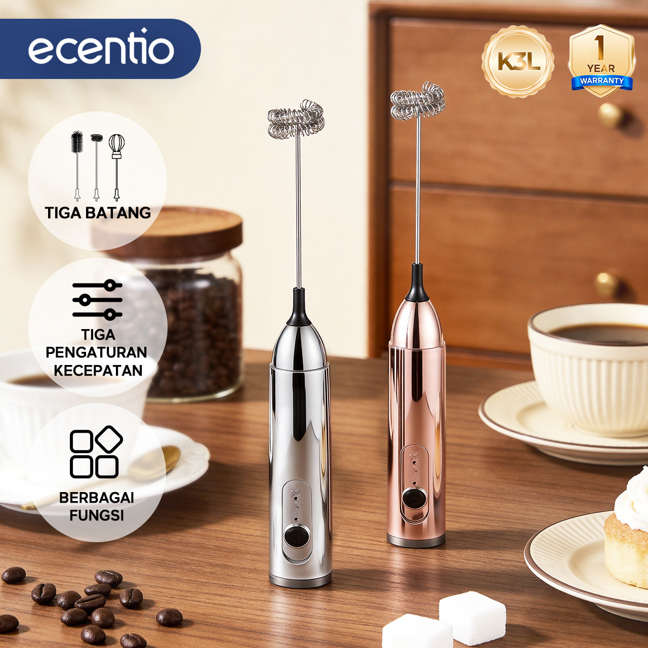ecentio Pengocok Elektrik Genggam Busa Susu Cepat Material Stainless Steel Food Grade Baterai AA Daya Tahan Lama Aduk Merata untuk Kopi Teh