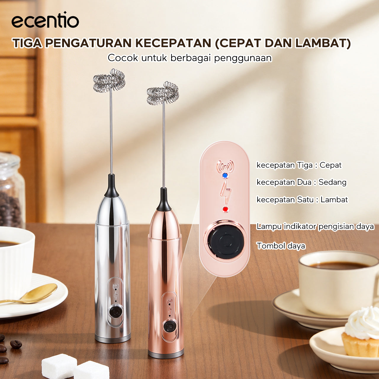 ecentio Pengocok Elektrik Genggam Busa Susu Cepat Material Stainless Steel Food Grade Baterai AA Daya Tahan Lama Aduk Merata untuk Kopi Teh
