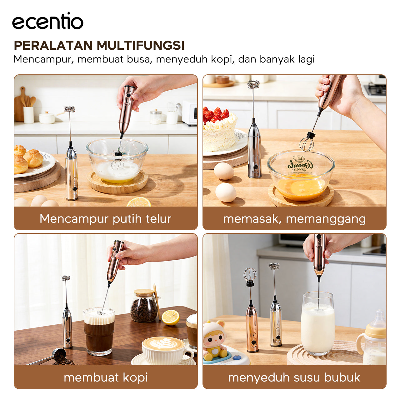 ecentio Pengocok Elektrik Genggam Busa Susu Cepat Material Stainless Steel Food Grade Baterai AA Daya Tahan Lama Aduk Merata untuk Kopi Teh