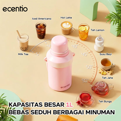 ecentio Termos Air Panas 316 Stainless Steel 1000ml Buka Sekali Tekan Tutup Kedap Udara Bisa Jadi Gelas Sharing Tahan Panas 11 Jam Dingin 24 Jam Desain Aesthetic Portabel Tahan Lama Cocok untuk Camping