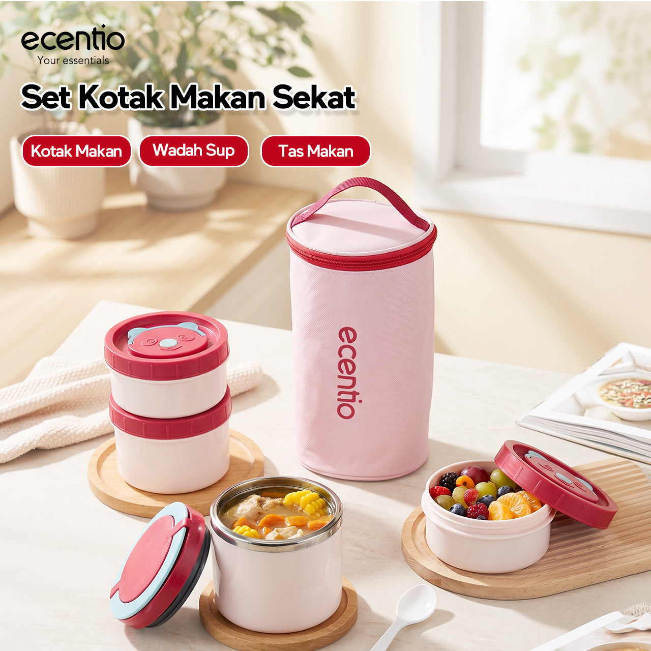 Pre- order ecentio Kotak Makan Lunch Box Set 3PCS 304 Stainless Steel Anti Bocor Anti Tumpah Bento Box Sekat Makanan dengan Tas Bekal Free Sendok BPA Free