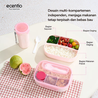 ecentio Lunch Box Anti Tumpah 1200ML + Botol Minum 500ML BPA Free Tempat Bekal Makan Anak Sekolah Kotak Makan Plastik Free Sendok & Kotak Saus Lunch Box Sekat Kedap Bocor Bekal Kerja
