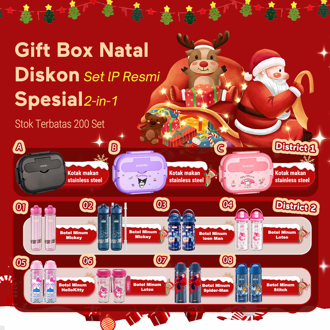 【Paket Bundle Gift Season】ecentio Kotak Bekal Stainless Steel 1000ml + Botol Minum Aesthetic Pilihan + Tas Bekal Eksklusif | Bento Box Anti Bocor 4 Grid + Botol 580ml/1100ml