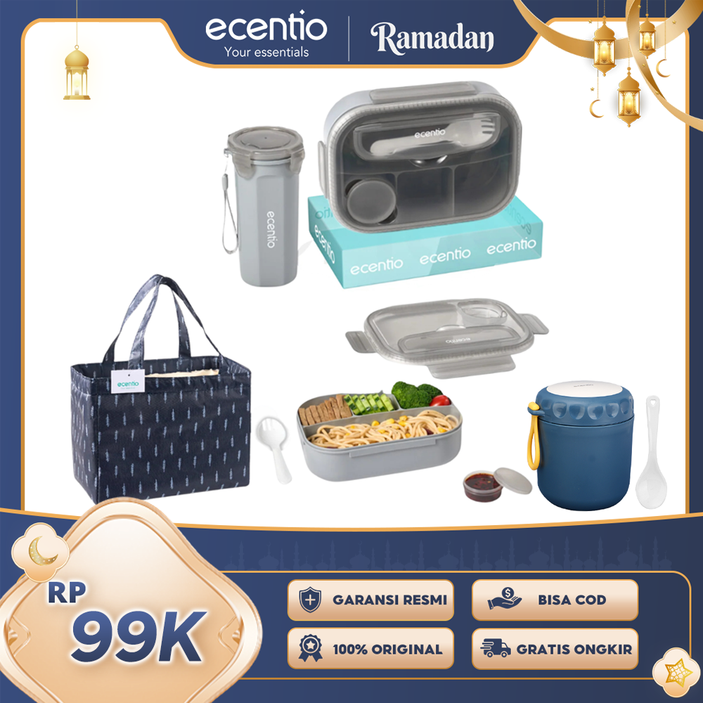 【Buy 1 Get 4】ecentio kotak bekal anti tumpah kotak tempat bekal 1200ml+500ml free sendok kotak saus BPA FREE