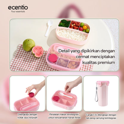 ecentio Lunch Box Anti Tumpah 1200ML + Botol Minum 500ML BPA Free Tempat Bekal Makan Anak Sekolah Kotak Makan Plastik Free Sendok & Kotak Saus Lunch Box Sekat Kedap Bocor Bekal Kerja