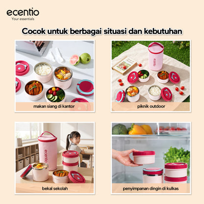 Pre- order ecentio Kotak Makan Lunch Box Set 3PCS 304 Stainless Steel Anti Bocor Anti Tumpah Bento Box Sekat Makanan dengan Tas Bekal Free Sendok BPA Free
