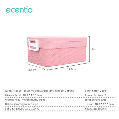 ecentio Anti Tumpah lunch box kotak makan 3 Warna PP Jerami Gandum tempat bekal makan 1000ML Free Sendok  BPA Free