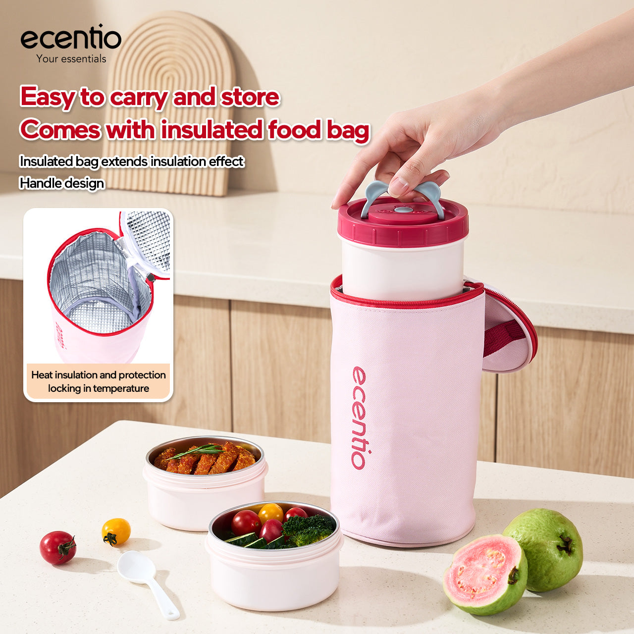 Pre- order ecentio Kotak Makan Lunch Box Set 3PCS 304 Stainless Steel Anti Bocor Anti Tumpah Bento Box Sekat Makanan dengan Tas Bekal Free Sendok BPA Free