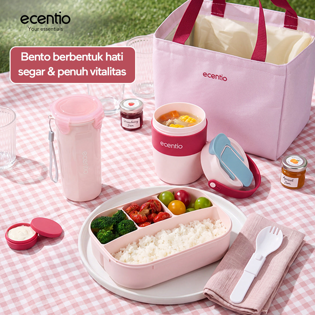 ecentio Lunch Box Anti Tumpah 1200ML + Botol Minum 500ML BPA Free Tempat Bekal Makan Anak Sekolah Kotak Makan Plastik Free Sendok & Kotak Saus Lunch Box Sekat Kedap Bocor Bekal Kerja