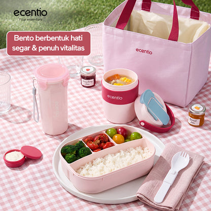 ecentio Lunch Box Anti Tumpah 1200ML + Botol Minum 500ML BPA Free Tempat Bekal Makan Anak Sekolah Kotak Makan Plastik Free Sendok & Kotak Saus Lunch Box Sekat Kedap Bocor Bekal Kerja