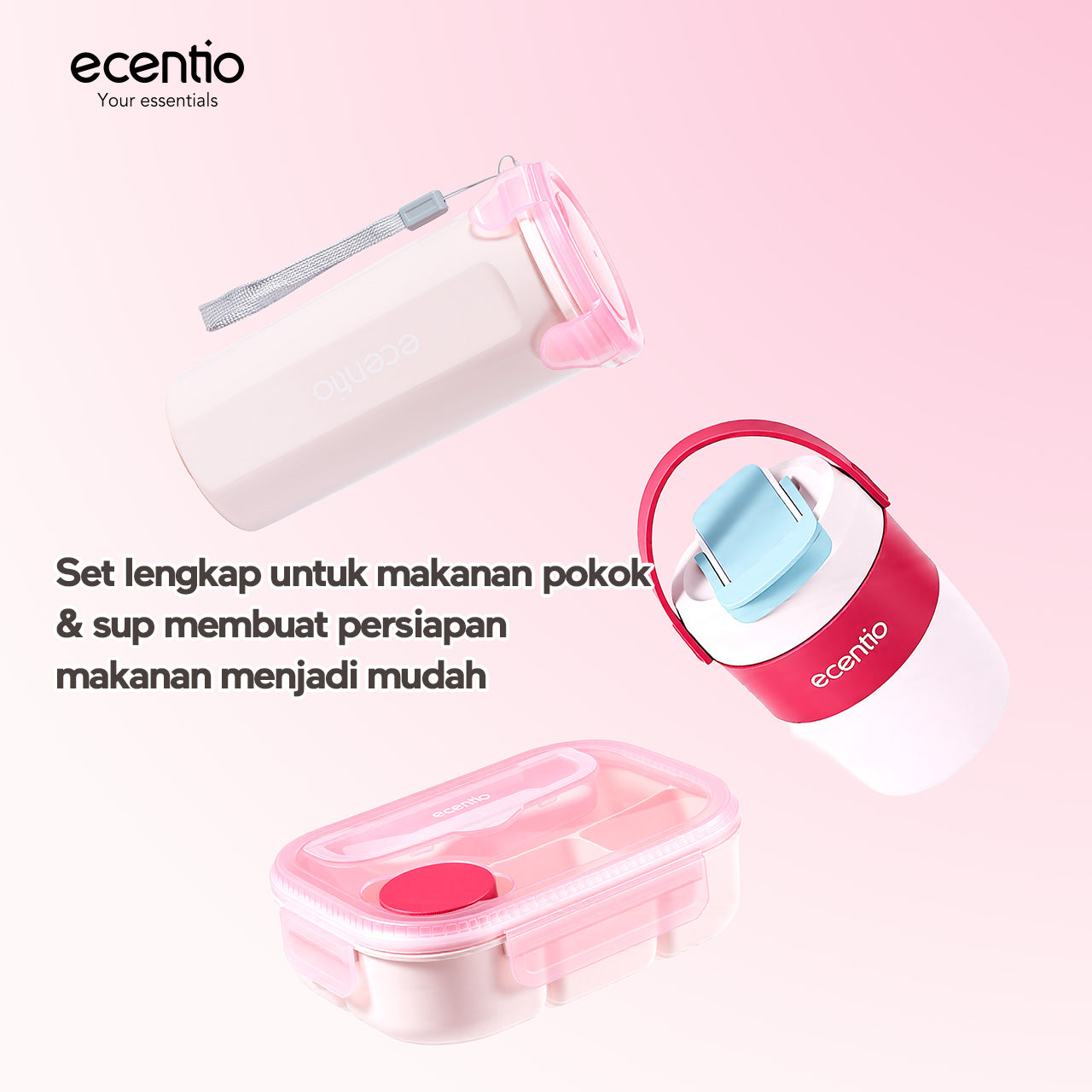 ecentio Lunch Box Anti Tumpah 1200ML + Botol Minum 500ML BPA Free Tempat Bekal Makan Anak Sekolah Kotak Makan Plastik Free Sendok & Kotak Saus Lunch Box Sekat Kedap Bocor Bekal Kerja