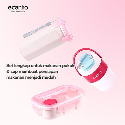 ecentio Lunch Box Anti Tumpah 1200ML + Botol Minum 500ML BPA Free Tempat Bekal Makan Anak Sekolah Kotak Makan Plastik Free Sendok & Kotak Saus Lunch Box Sekat Kedap Bocor Bekal Kerja