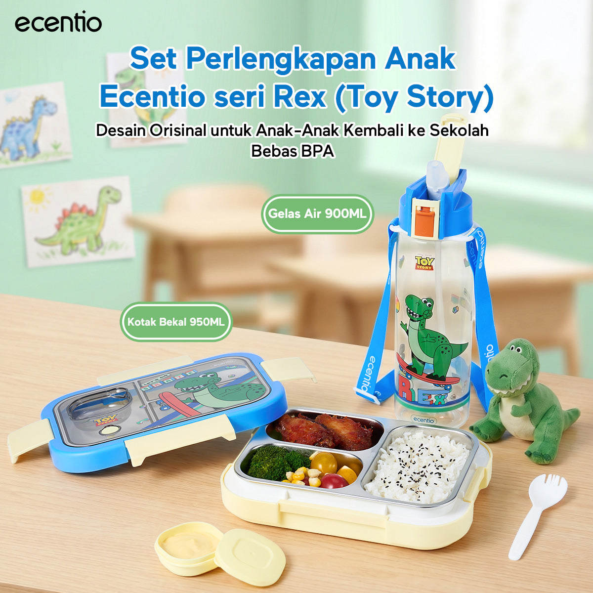 [Back To School] ecentio Kotak Makan Anak Rex Set Bekal Sekolah Toy story Lunch Box Stainless 750ml Botol Minum 900ml Tas Bekal BPA Free Tempat Makan Anak