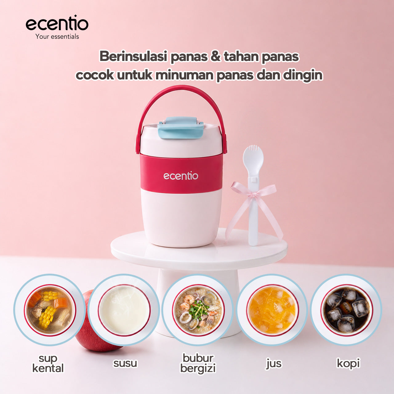 ecentio Lunch Box Anti Tumpah 1200ML + Botol Minum 500ML BPA Free Tempat Bekal Makan Anak Sekolah Kotak Makan Plastik Free Sendok & Kotak Saus Lunch Box Sekat Kedap Bocor Bekal Kerja