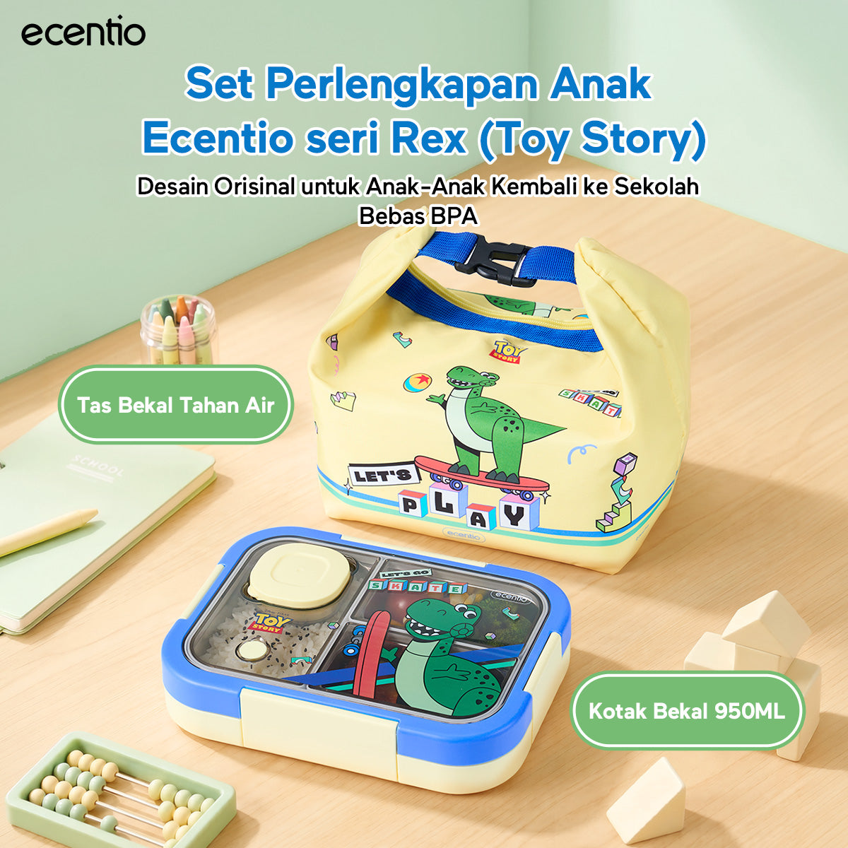 [Back To School] ecentio Kotak Makan Anak Rex Set Bekal Sekolah Toy story Lunch Box Stainless 750ml Botol Minum 900ml Tas Bekal BPA Free Tempat Makan Anak