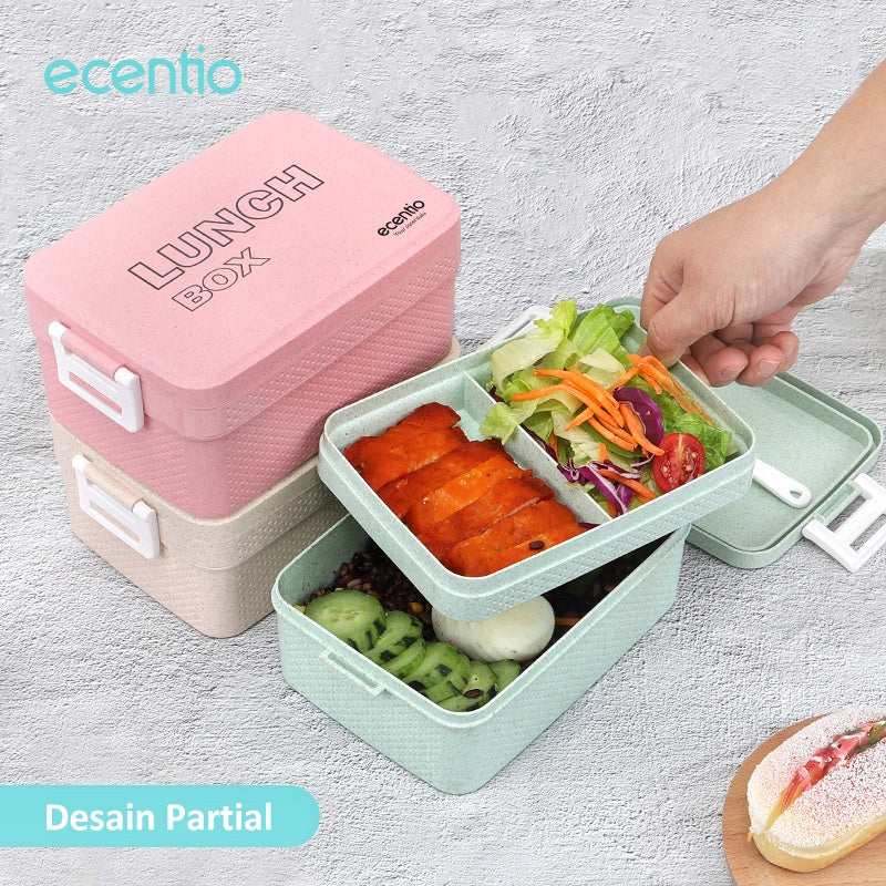 ecentio Anti Tumpah lunch box kotak makan 3 Warna PP Jerami Gandum tempat bekal makan 1000ML Free Sendok  BPA Free