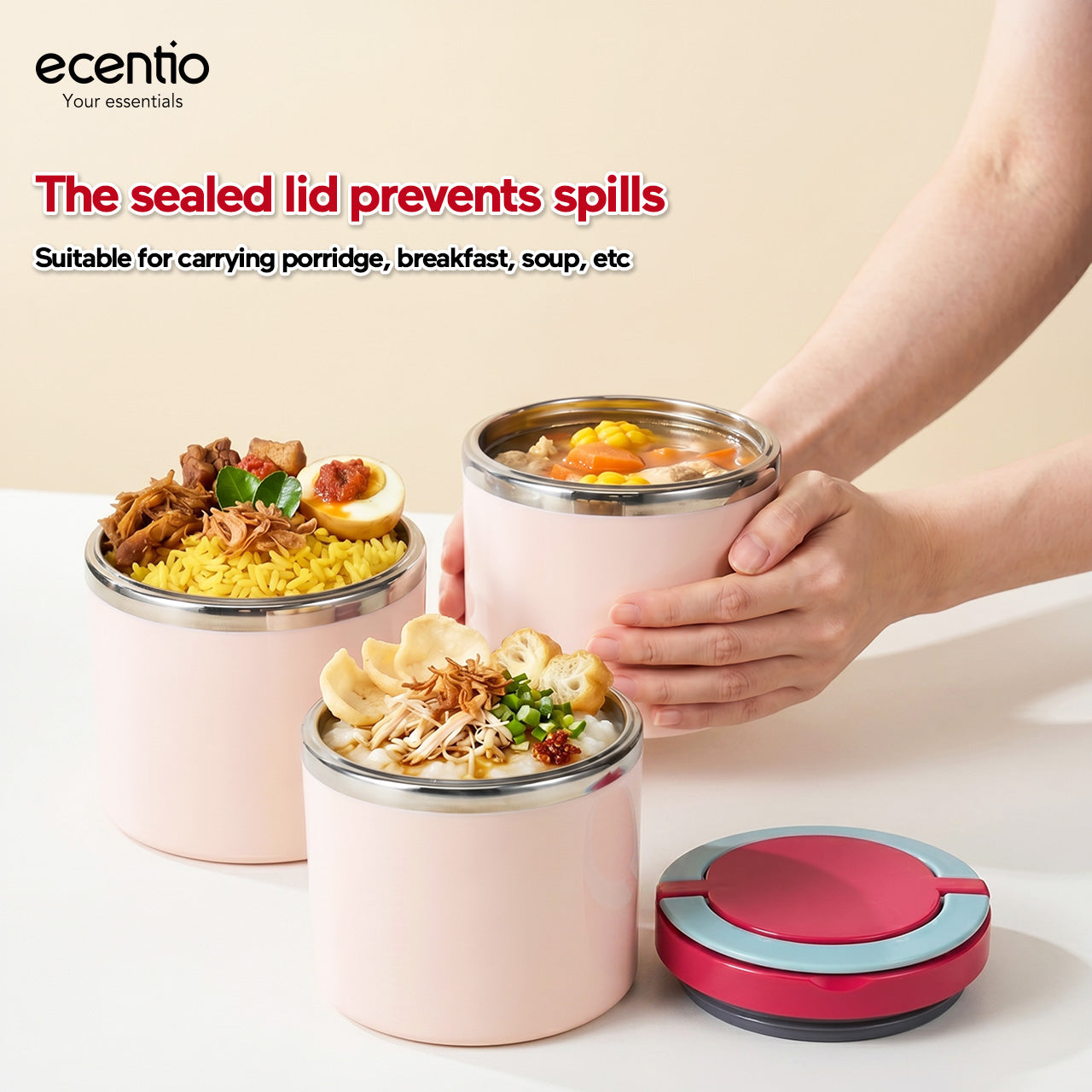 Pre- order ecentio Kotak Makan Lunch Box Set 3PCS 304 Stainless Steel Anti Bocor Anti Tumpah Bento Box Sekat Makanan dengan Tas Bekal Free Sendok BPA Free