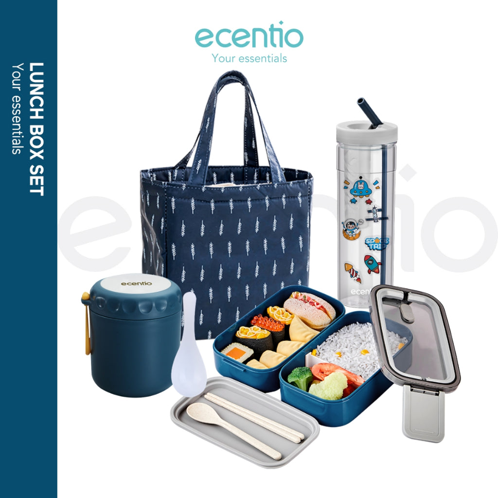 ecentio lunch box set/bekal makan set cangkir sup set Led Display 2 layer 1600ml+420ML Vacuum Cup tumbler Biru tua Non BPA