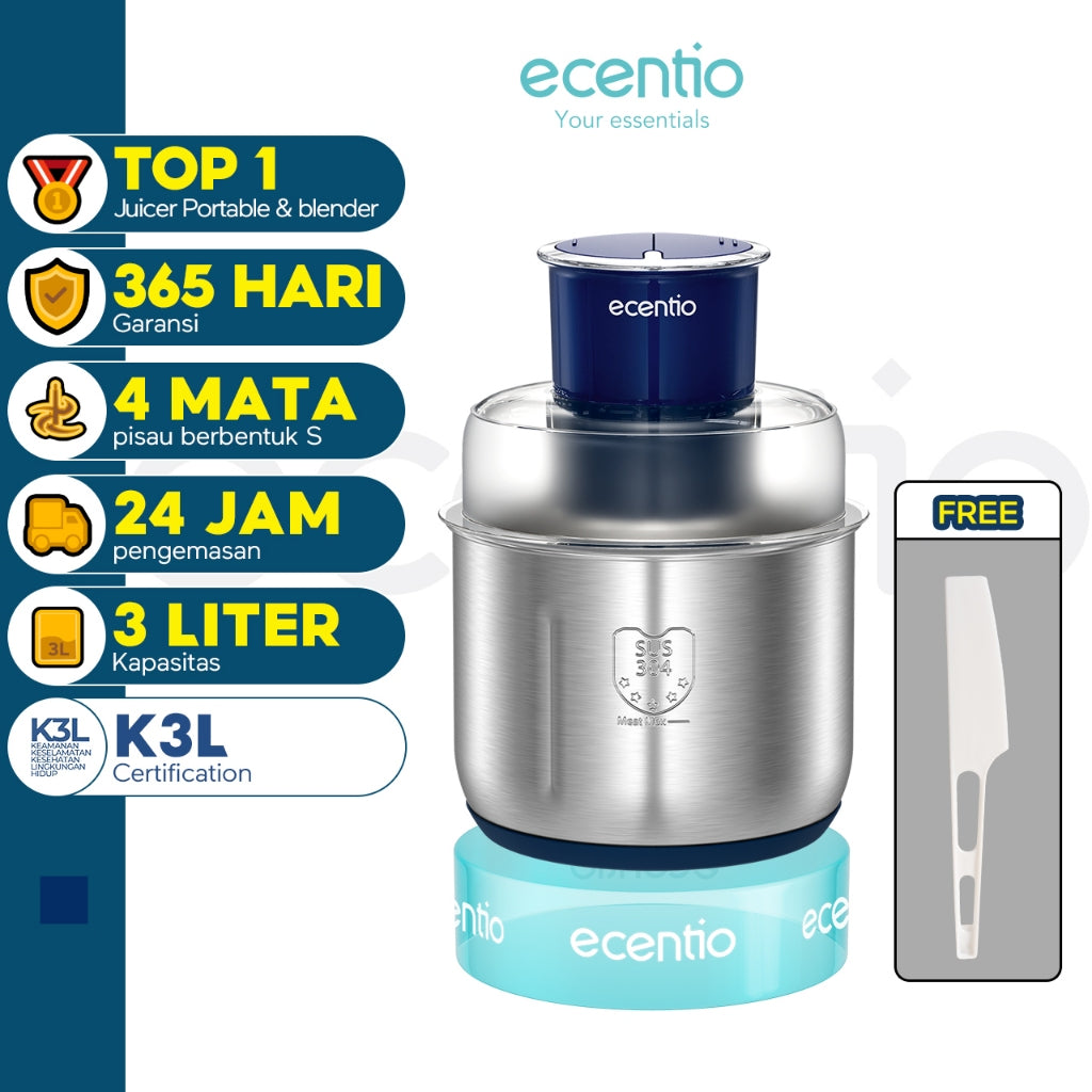 【🌟Pre-Order】ecentio Food Chopper 3L 4 pisau Stainless steel 304 Penggiling Daging Sayur  Meat Grinder Kova Kraser