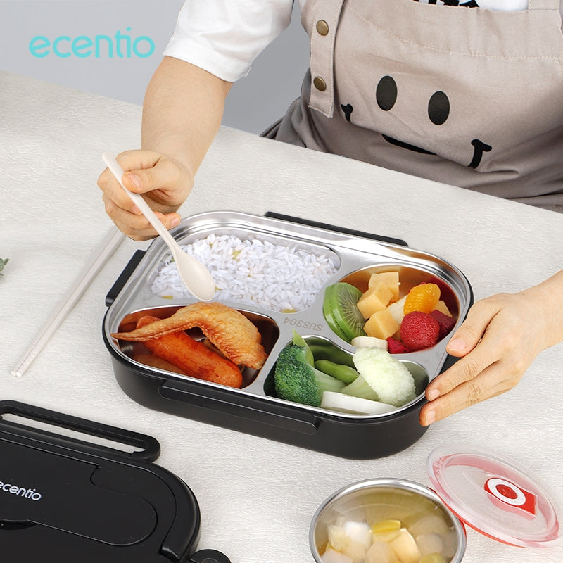 【Gratis Tumbler】ecentio lunch box stainless sekat 4 dan tempat minum anti tumpah tempat makan hitam